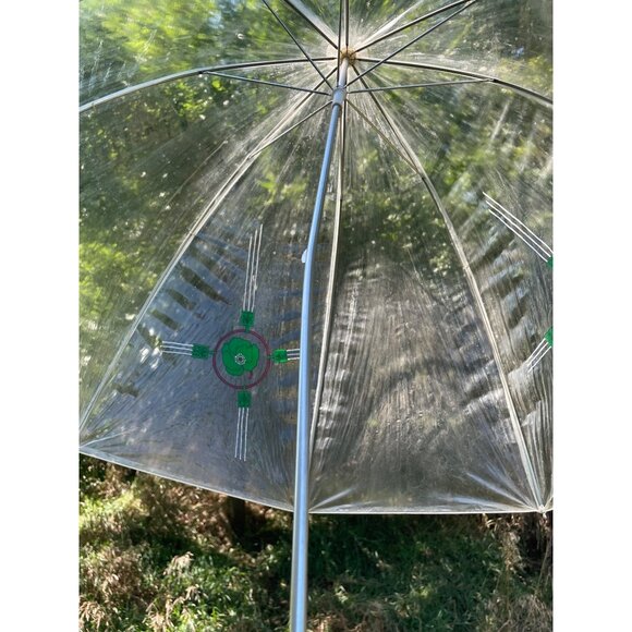Vintage 1960s Clear Vinyl Bubble Umbrella Green Flowers & Handle - Picture 11 of 16
